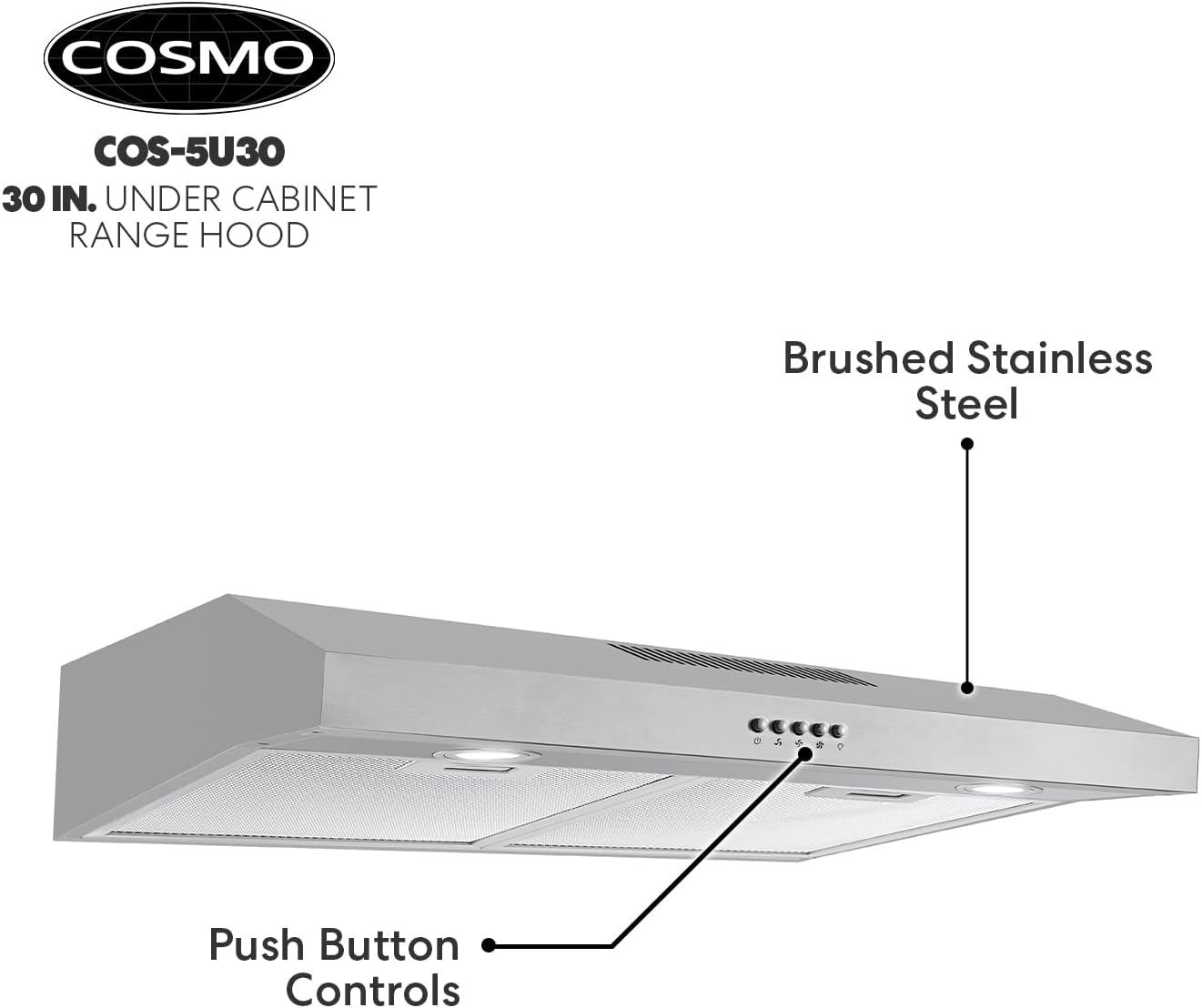 Cosmo 5U30 30 in. Under Cabinet Range Hood with Ducted / Ductless Convertible Slim Kitchen Over Stove Vent, 3 Speed Exhaust Fan, Reusable Filter, LED Lights in Stainless Steel - Image 8