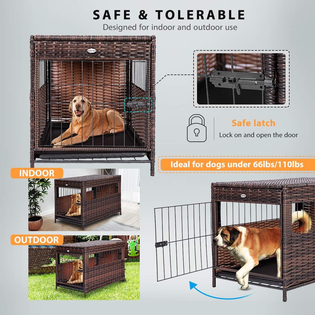 DEStar Heavy Duty PE Rattan Wicker Pet Dog Cage Crate Indoor Outdoor Puppy House Shelter with Removable Tray and UV Resistant Cover - Image 4