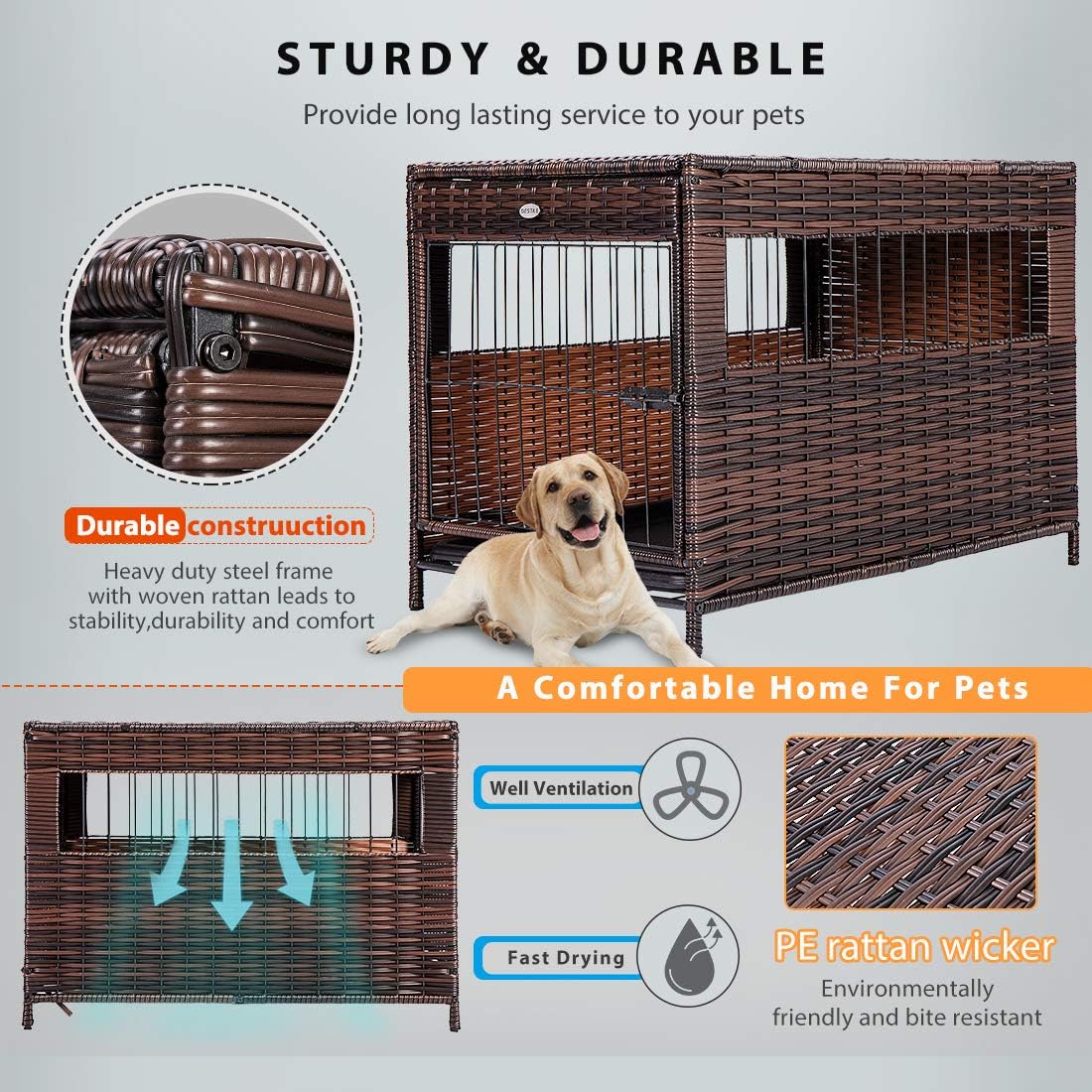DEStar Heavy Duty PE Rattan Wicker Pet Dog Cage Crate Indoor Outdoor Puppy House Shelter with Removable Tray and UV Resistant Cover - Image 3