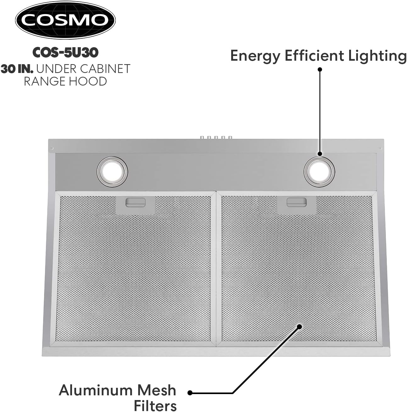 Cosmo 5U30 30 in. Under Cabinet Range Hood with Ducted / Ductless Convertible Slim Kitchen Over Stove Vent, 3 Speed Exhaust Fan, Reusable Filter, LED Lights in Stainless Steel - Image 7