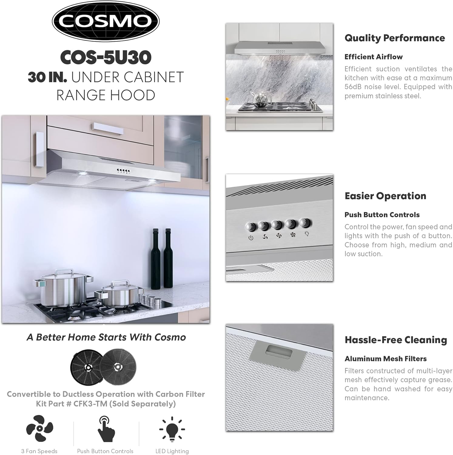 Cosmo 5U30 30 in. Under Cabinet Range Hood with Ducted / Ductless Convertible Slim Kitchen Over Stove Vent, 3 Speed Exhaust Fan, Reusable Filter, LED Lights in Stainless Steel - Image 3
