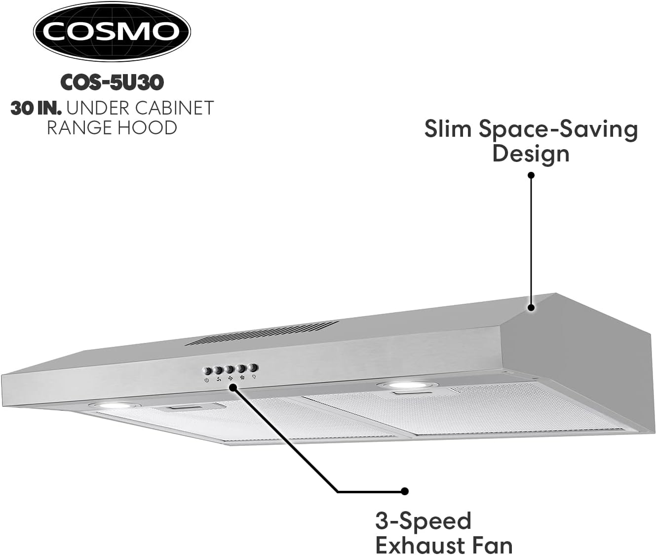 Cosmo 5U30 30 in. Under Cabinet Range Hood with Ducted / Ductless Convertible Slim Kitchen Over Stove Vent, 3 Speed Exhaust Fan, Reusable Filter, LED Lights in Stainless Steel - Image 6