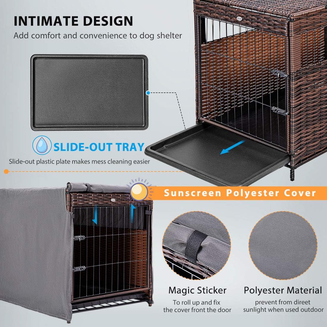DEStar Heavy Duty PE Rattan Wicker Pet Dog Cage Crate Indoor Outdoor Puppy House Shelter with Removable Tray and UV Resistant Cover - Image 10